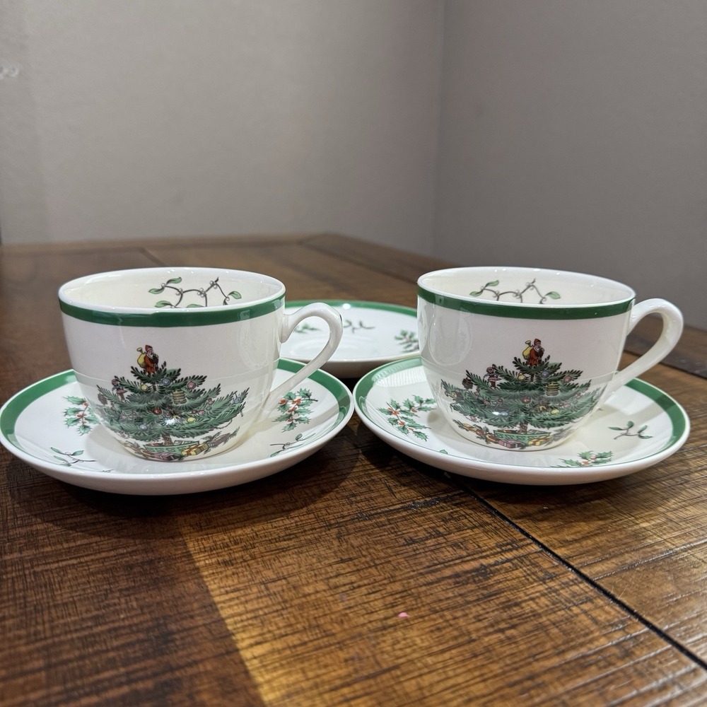 2 SPODE Christmas Tree Cups & 3 Saucers FREE SHIPPING - Picture 1 of 5